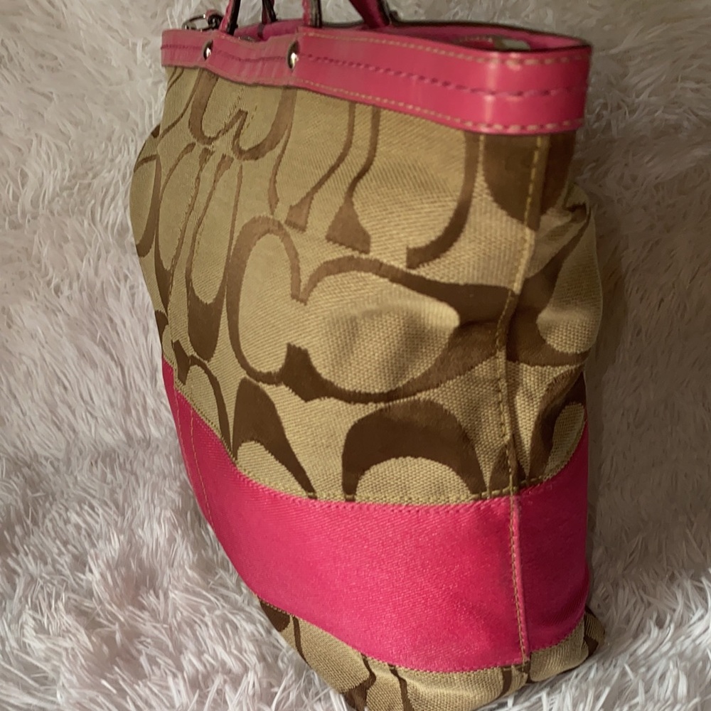 Coach Signature Stripe Tote Khaki & Pink - Picture 7 of 10